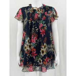 Kate & Mallory Top Women 1X Navy Floral Smocked Chiffon Tunic Boho Office Ruffle